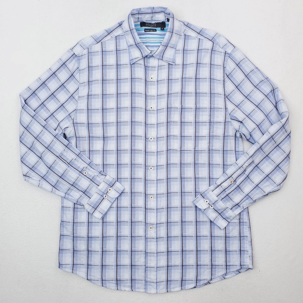 Nat Nast Shirt Mens Medium‎ Blue Plaid Button Up American Fit Long Sleeve Casual